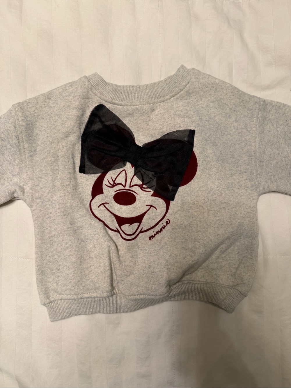 Zara Grey Sweatshirt with Burgundy Minnie Graphic and Black Bow